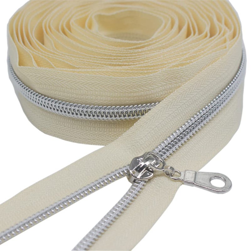 YaHoGa #5 Silver Metallic Nylon Coil Zippers by The Yard Bulk Beige Tape 10 Yards with 25pcs Pulls for DIY Sewing Tailor Craft Bag (Beige) - Image 2